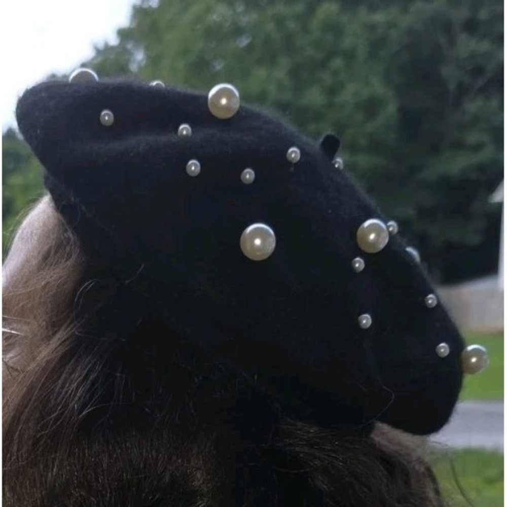 NWT Black Beret Hat Classic Pearl French Faux Wool Artist European